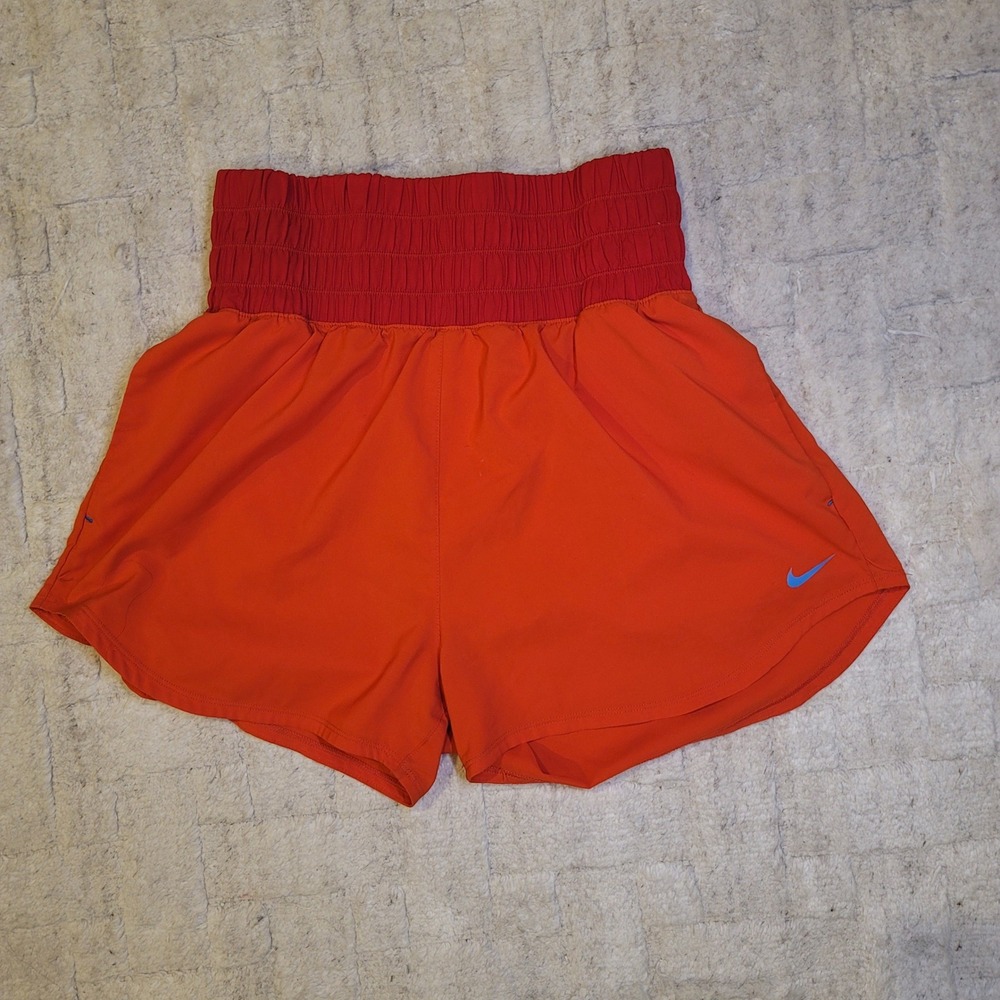 Nike Dri-FIT Womens High Rise Smocked Running Shorts Orange Red Medium